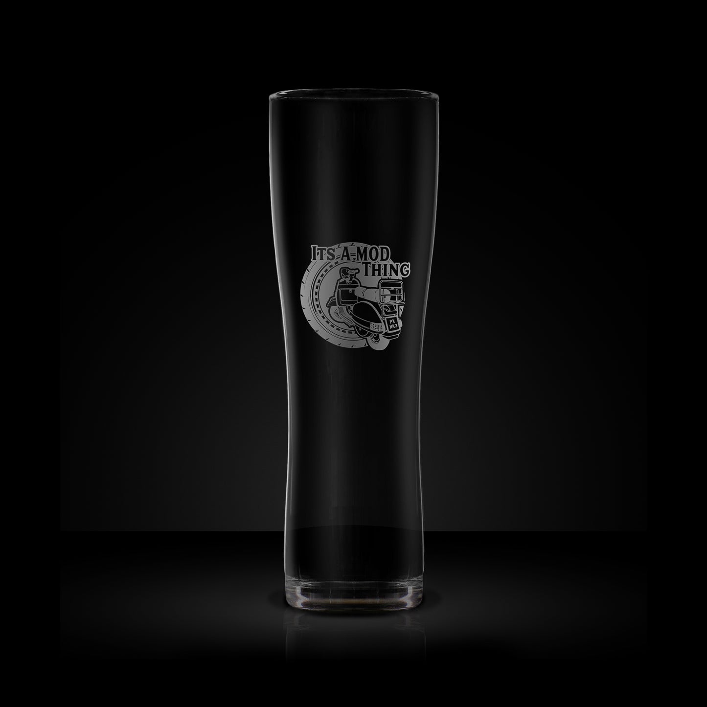 engraved scooter craft beer pint glass featuring a vespa px design