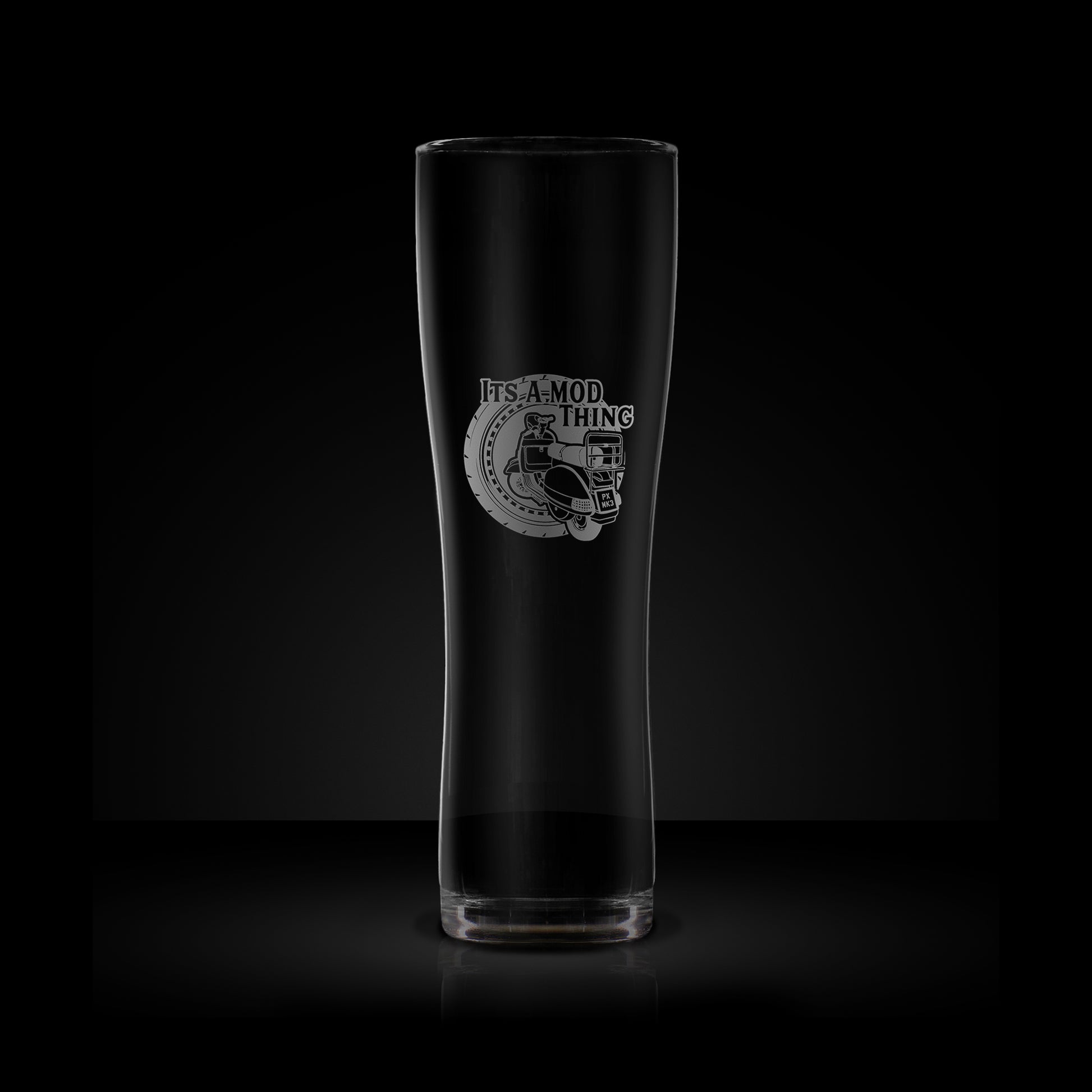 engraved scooter craft beer pint glass featuring a vespa px design