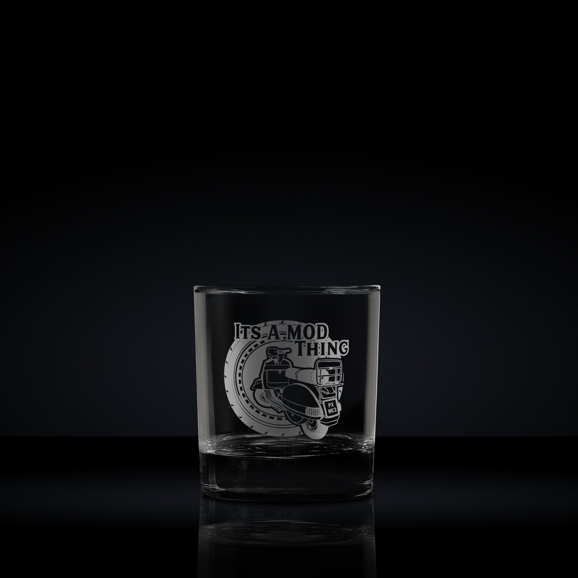 Engraved whisky glass etched with a vespa px scooter and its a mod thing