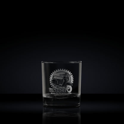 Engraved whisky glass etched with a vespa px scooter