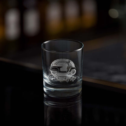 Engraved whisky glass etched with a vespa px mk1 scooter