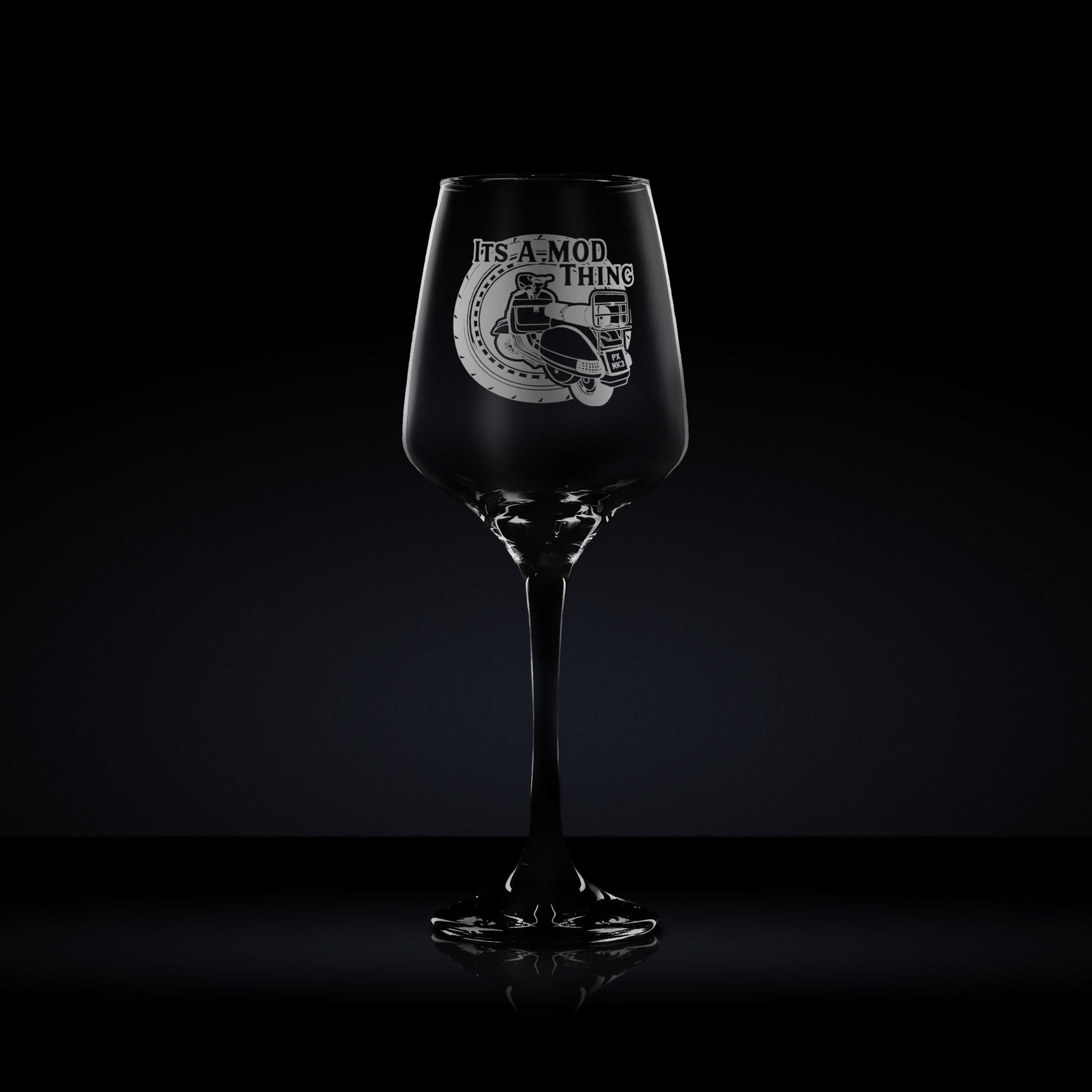 stemmed wine glass engraved with an italian vespa scooter which can be personalised