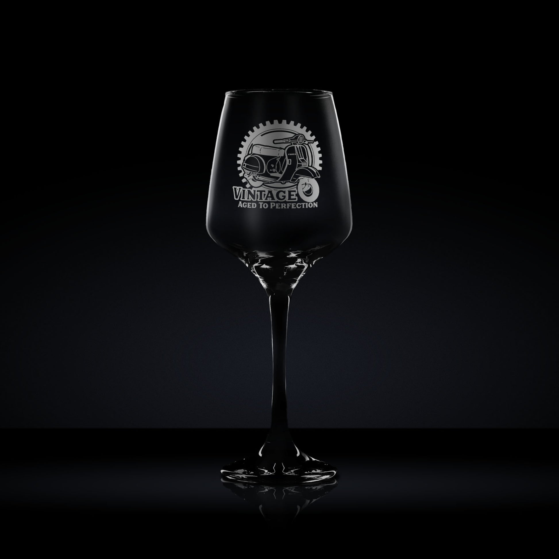 stemmed wine glass engraved with an italian vespa scooter which can be personalised