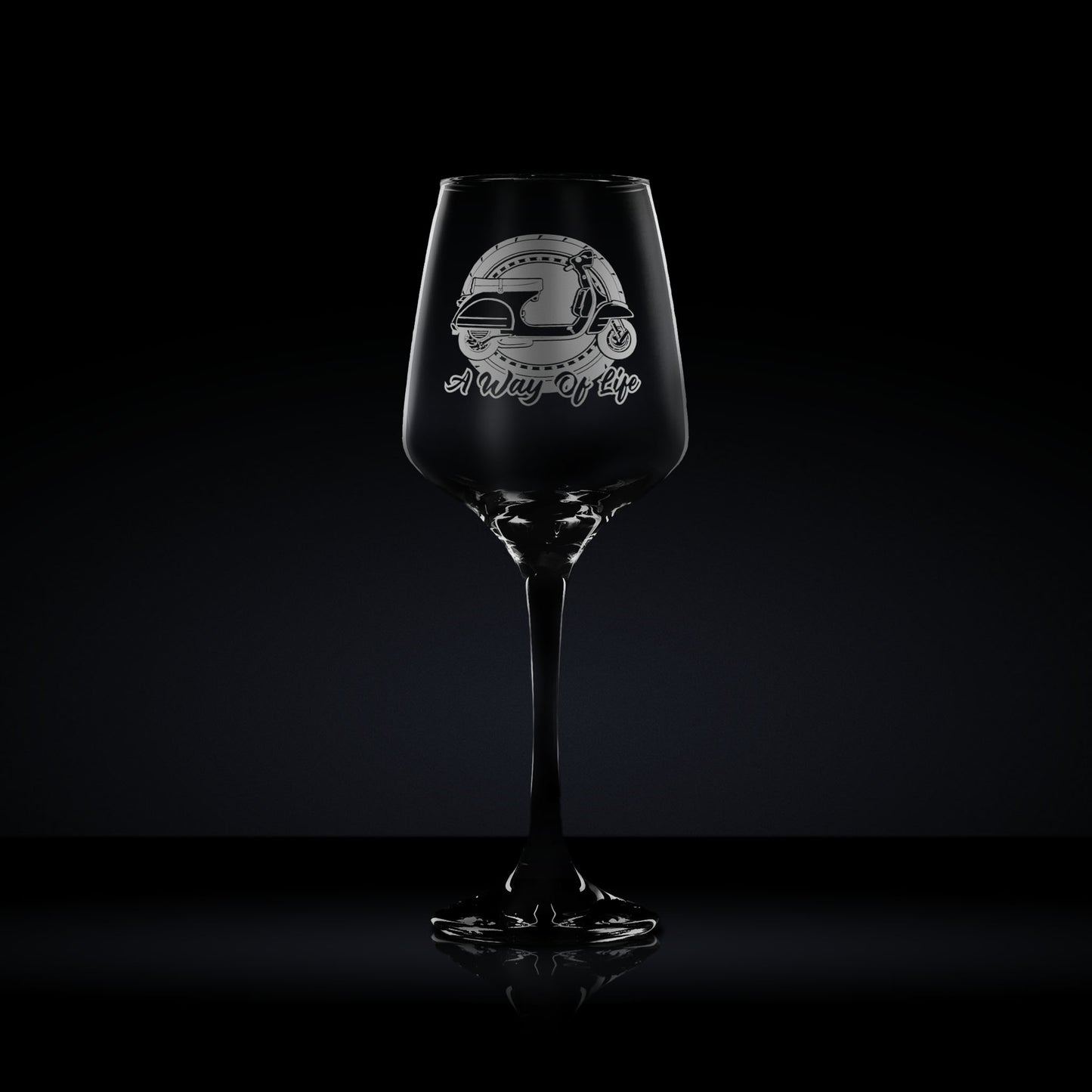 stemmed wine glass engraved with an italian vespa scooter which can be personalised