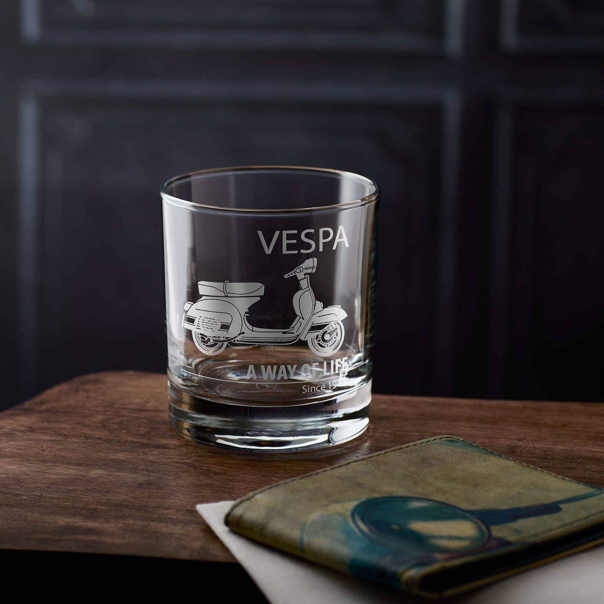 Vespa Rally 200 engraved whisky glass with personalised A Way of Life text