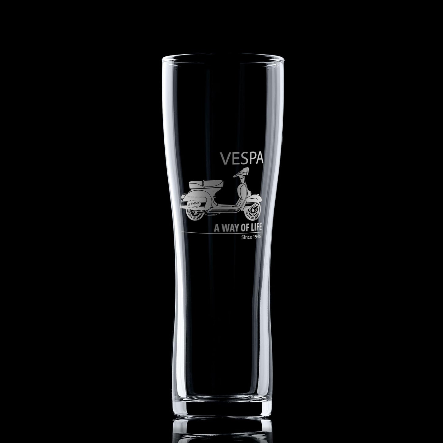 MOD pint glass engraved with a vespa rally 200 scooter on a black background