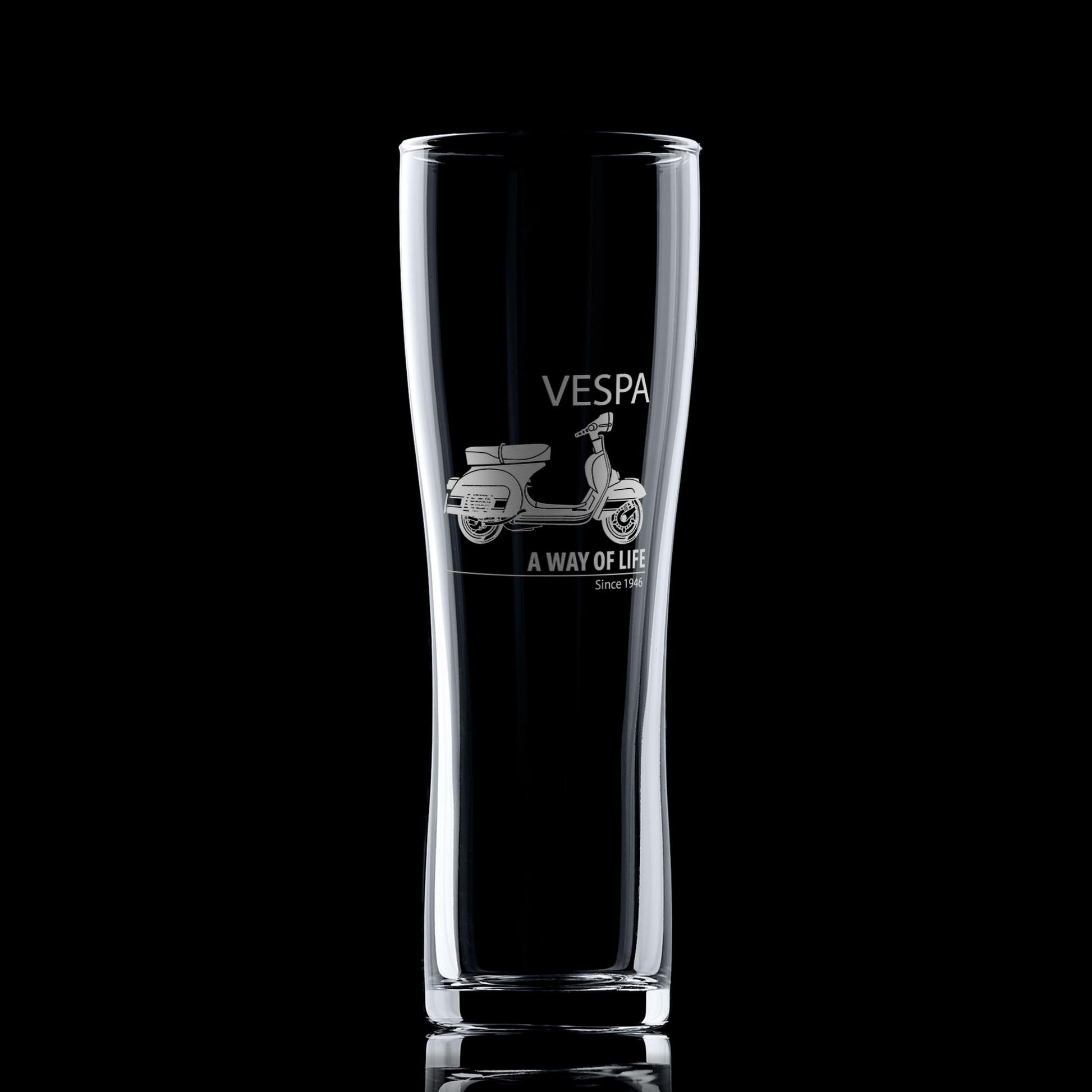 MOD pint glass engraved with a vespa rally 200 scooter on a black background