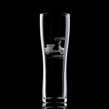 MOD pint glass engraved with a vespa rally 200 scooter on a black background