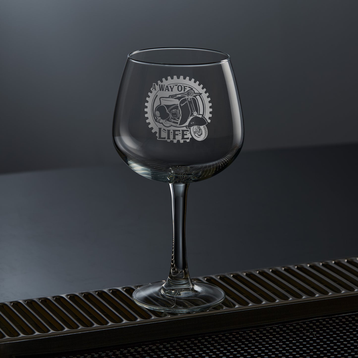 gin glass engraved with vintage vespa GS150 scooter