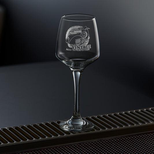 engraved wine glass featuring a vespa GL scooter