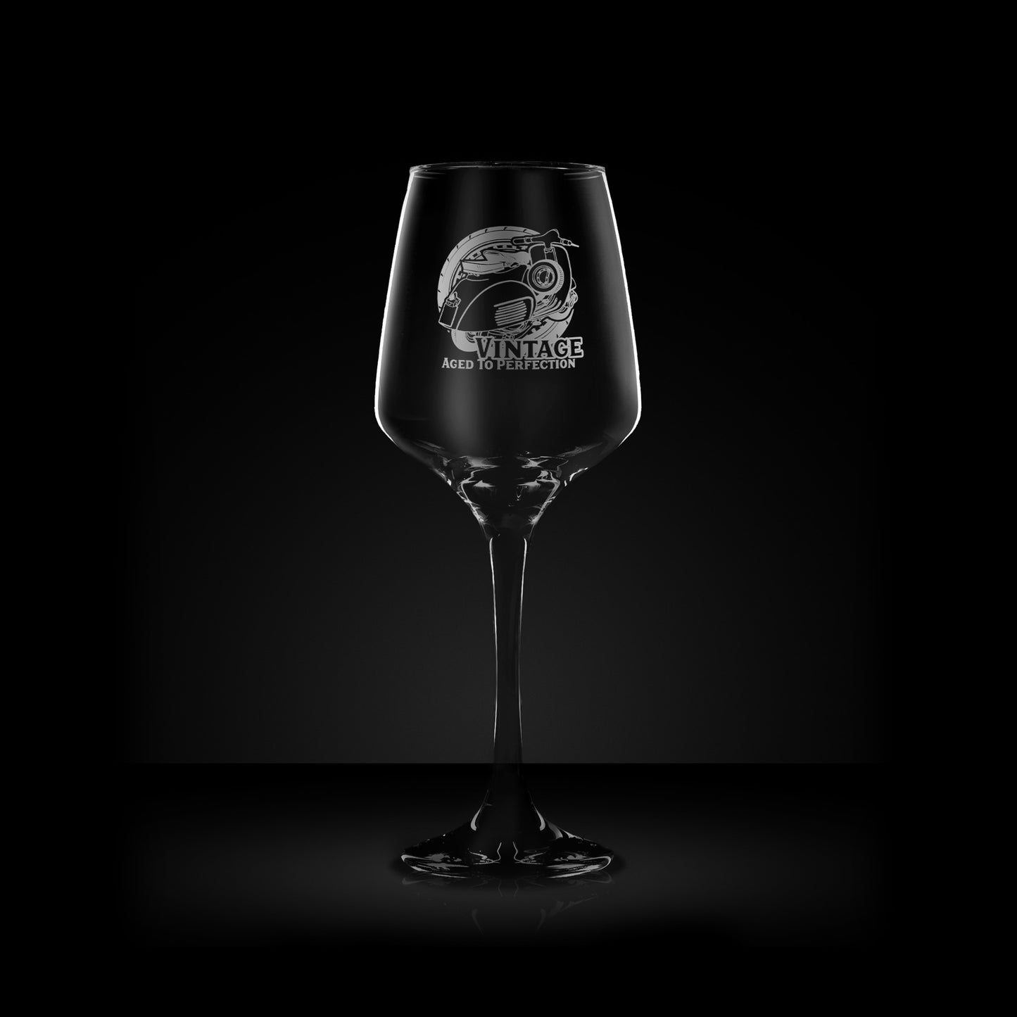 engraved wine glass featuring a vespa GL scooter