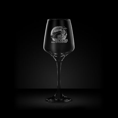 engraved wine glass featuring a vespa GL scooter