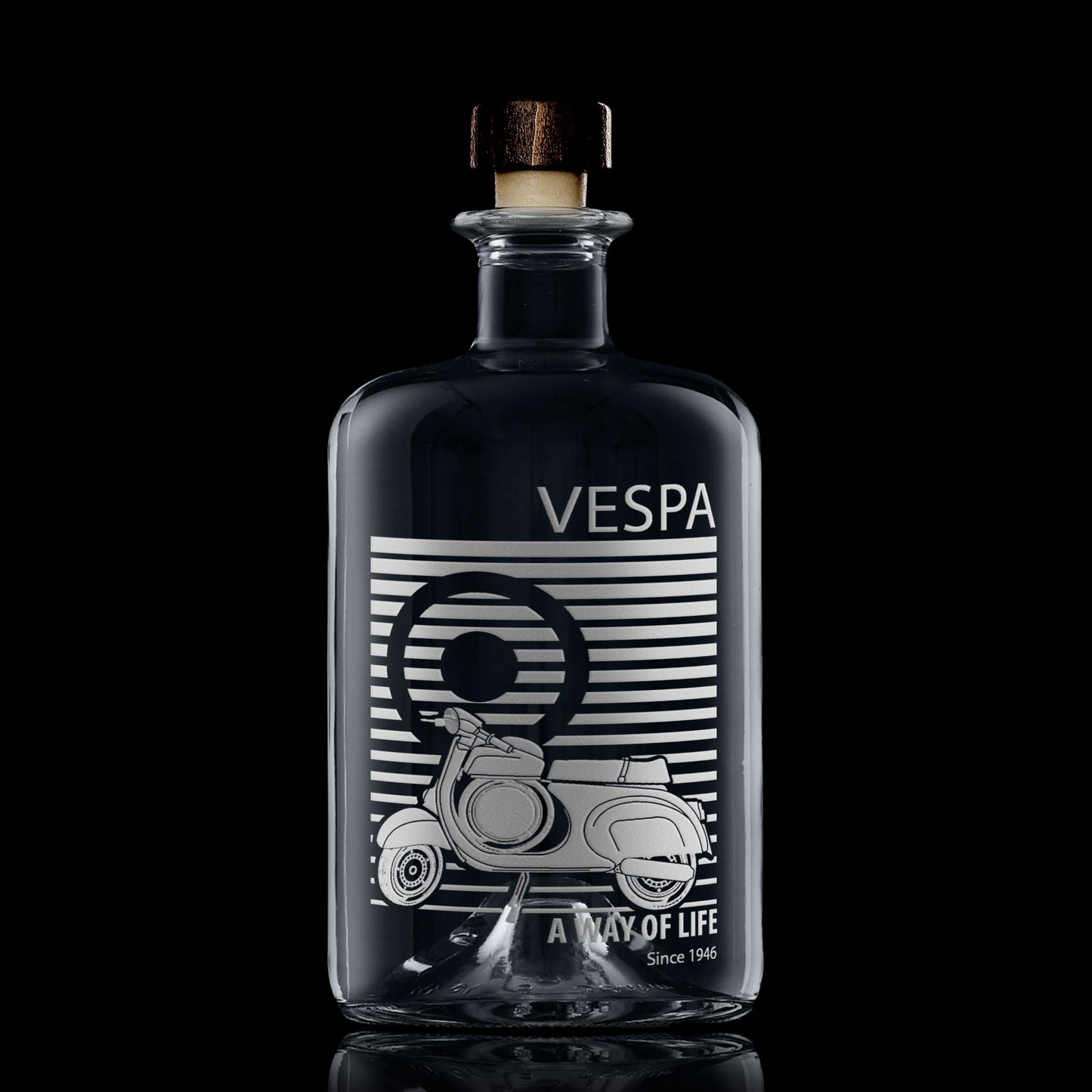 Apothecary decanter engraved with a rare Vespa SS90 scooter, Mod target, and the phrase ‘A Way of Life Since 1946’, with space for personalisation