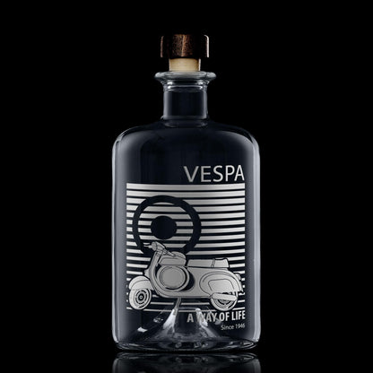Apothecary decanter engraved with a rare Vespa SS90 scooter, Mod target, and the phrase ‘A Way of Life Since 1946’, with space for personalisation