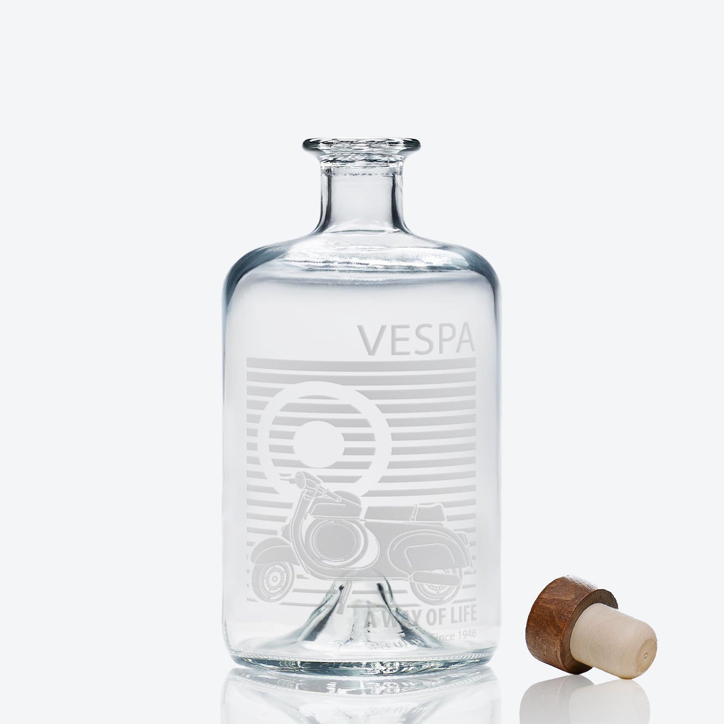 Glass decanter engraved with a rare Vespa SS90 scooter, Mod target, and the phrase ‘A Way of Life Since 1946’,