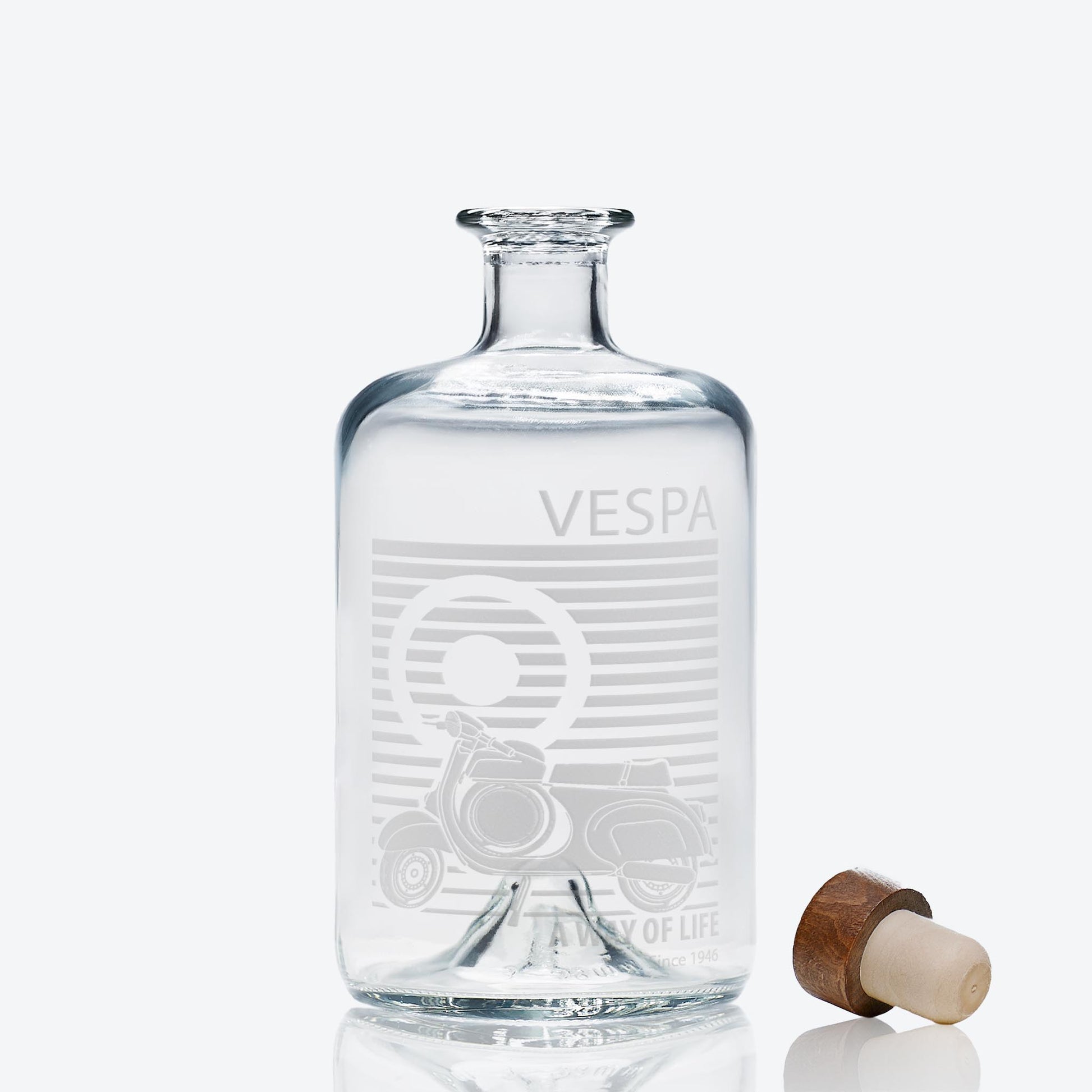 Glass decanter engraved with a rare Vespa SS90 scooter, Mod target, and the phrase ‘A Way of Life Since 1946’,