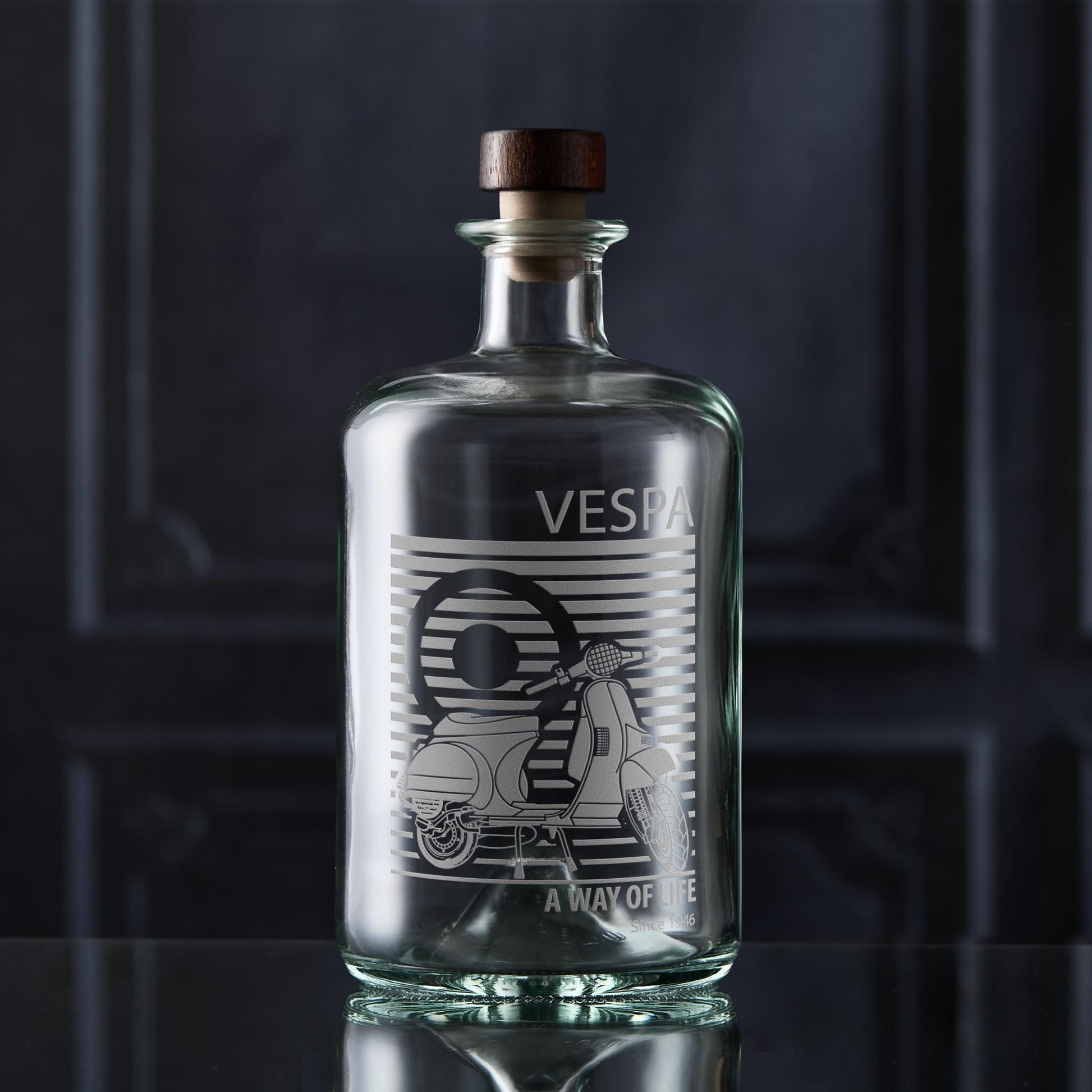 Vintage style decanter engraved with a Vespa T5 Scooter and personalised message