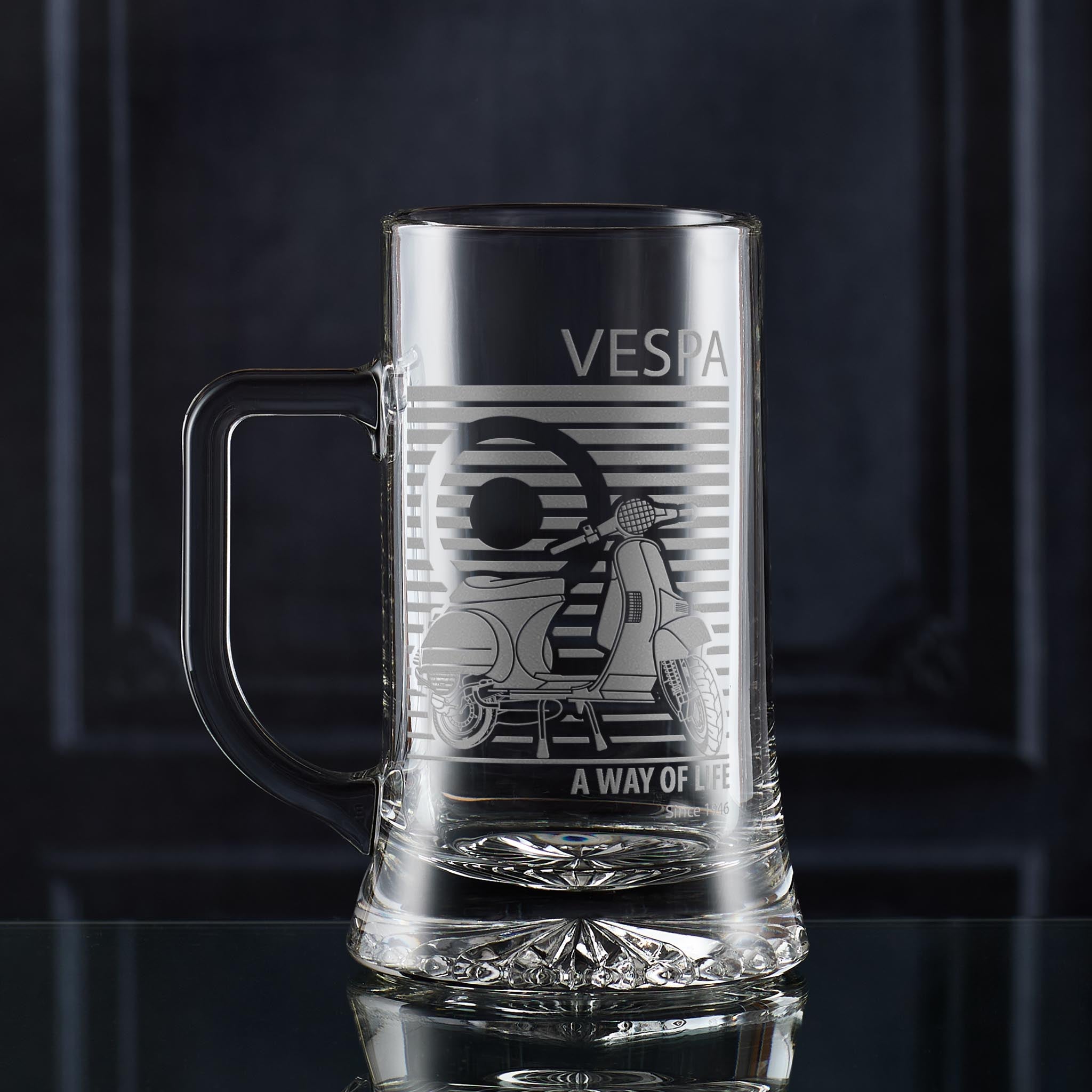 Personalised vespa beer tankard with MOD design on a dark background