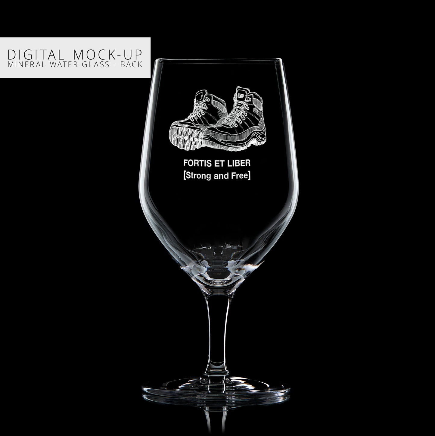 Mock-up illustration of a mineral water glass with engraved walking boots design and latin text on a black background