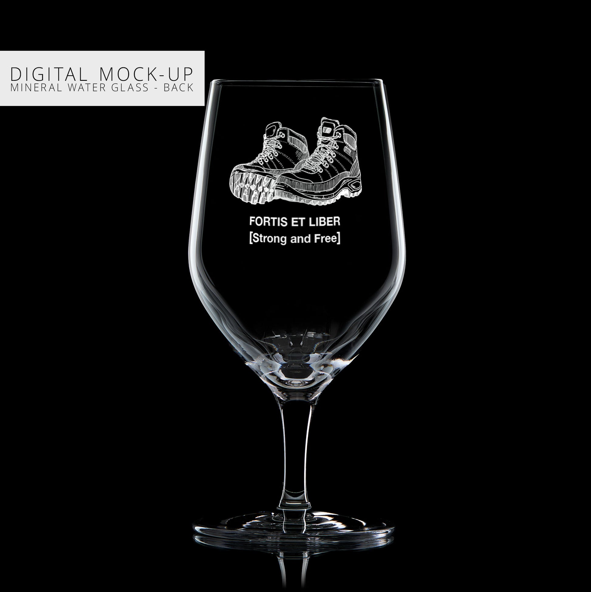 Mock-up illustration of a mineral water glass with engraved walking boots design and latin text on a black background
