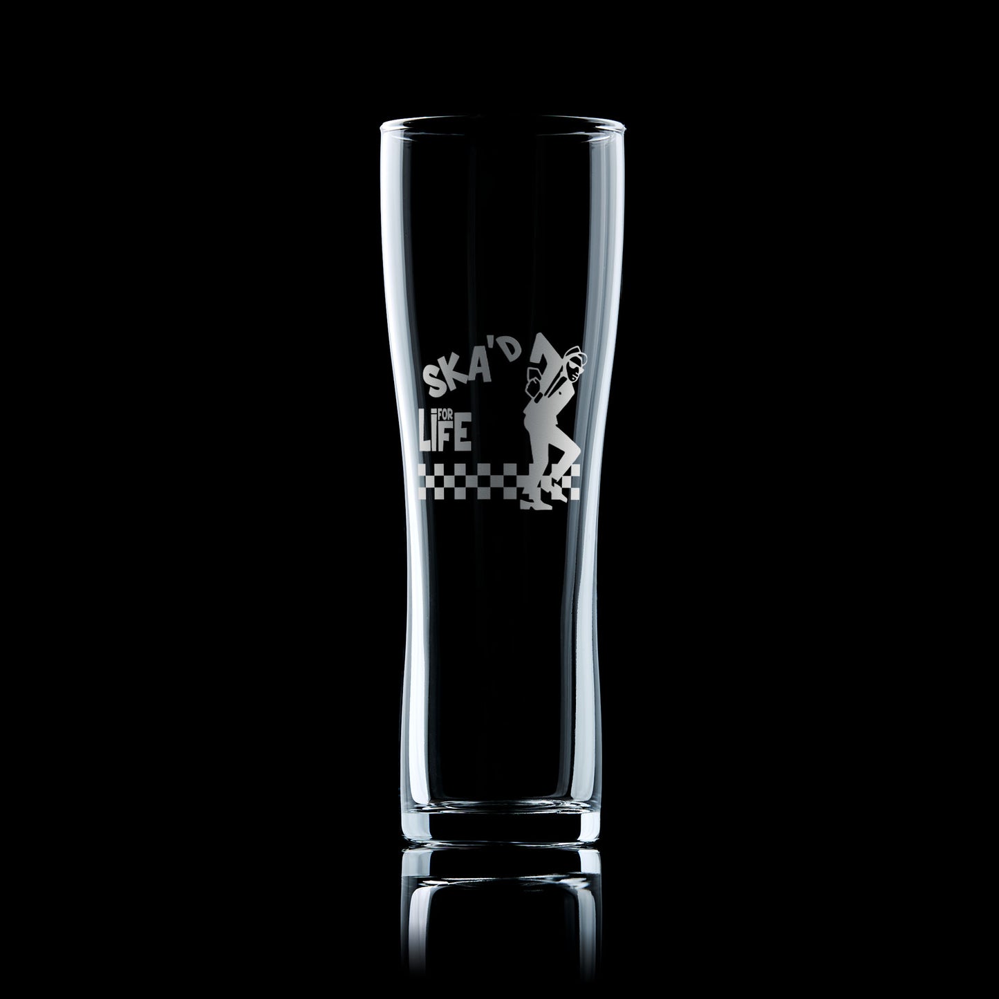Engraved pint glass featuring Walt Jabsco dancing on a checkerboard floor with the words “Ska'd For Life"
