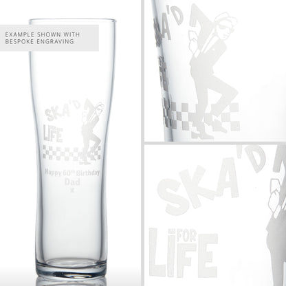 Pint glass with Walt Jabsco, 'Ska'd for Life' and 'Happy 50th Birthday Dad' text, with a white background.