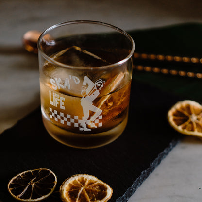 Engraved whisky glass with Ska man, Walt Jabsco dancing on a checkerboard floor, with personalised message