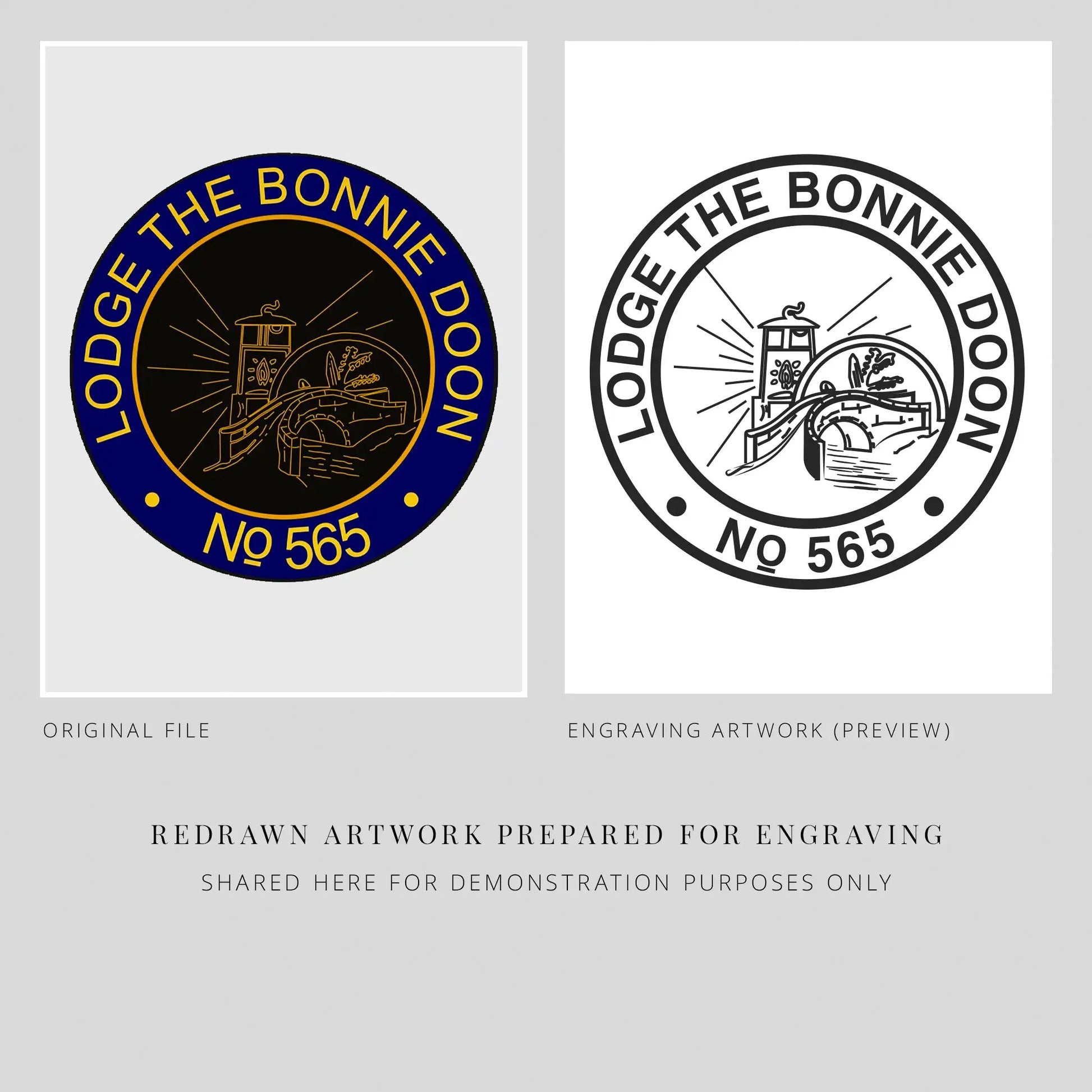 Two Masonic logos for 'Lodge The Bonnie Doon' engraving with different styles on a gray background.
