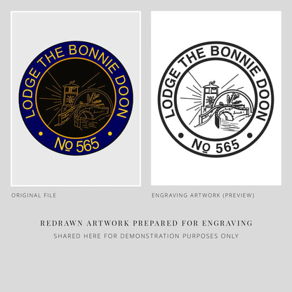Two Masonic logos for 'Lodge The Bonnie Doon' engraving with different styles on a gray background.