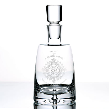 Luxury personalised glass decanter with hand-engraved lace design for wedding anniversary gift