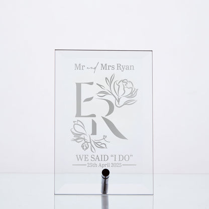 custom engraved bevelled display plaque with chrome pin featuring bride and grooms initials and wedding date