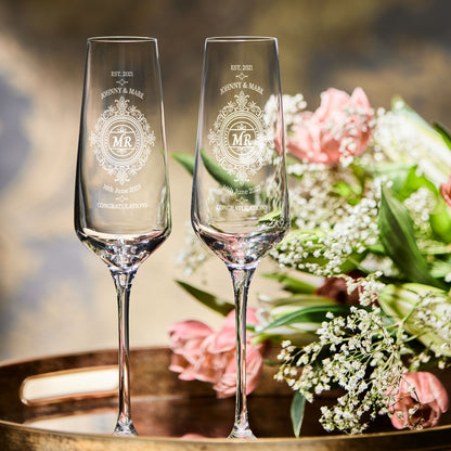 two personalised grooms wedding champagne flutes