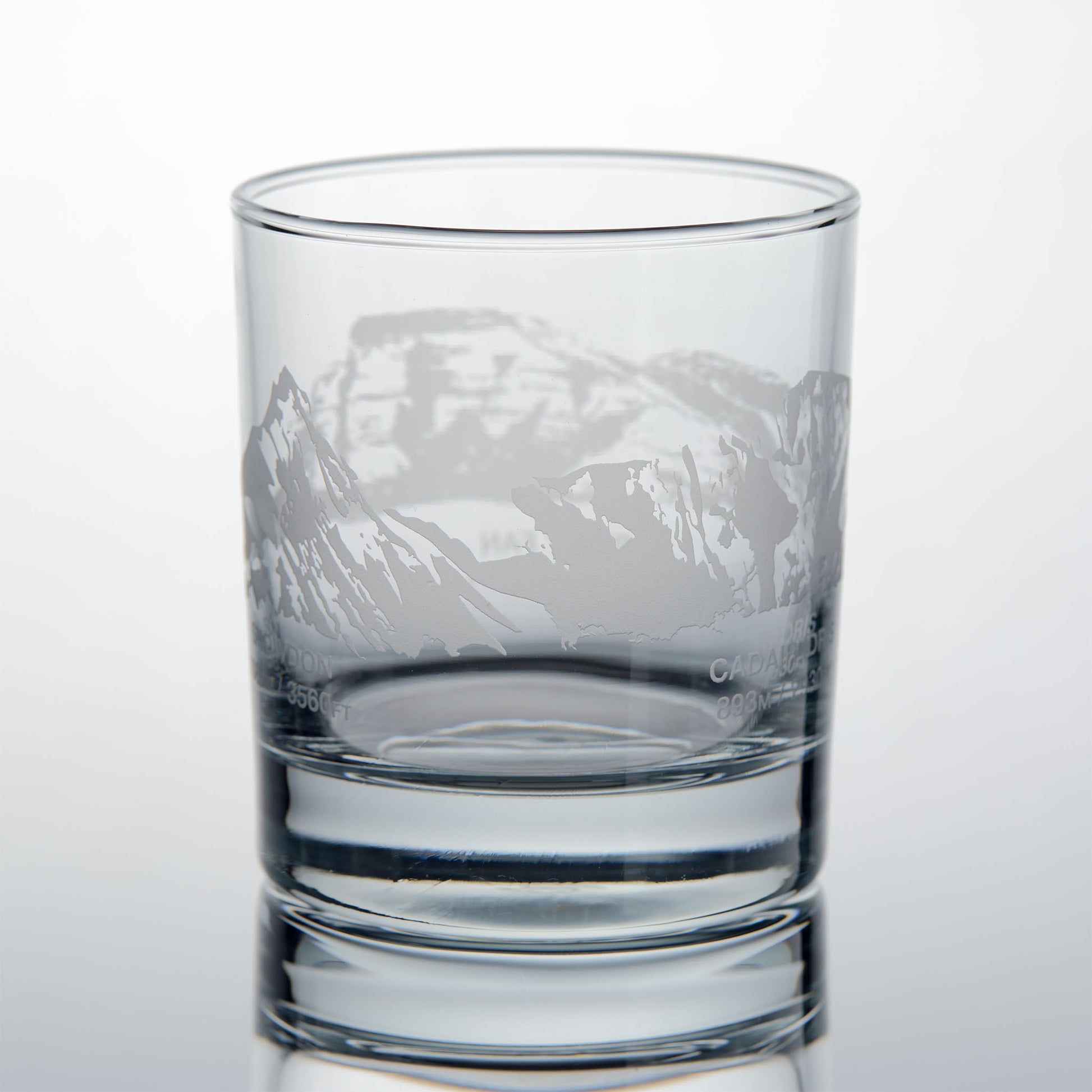 Welsh 3 Peaks whiskey glasses engraved with Mt Snowdon - Yr Wyddfa and Cadair Idris