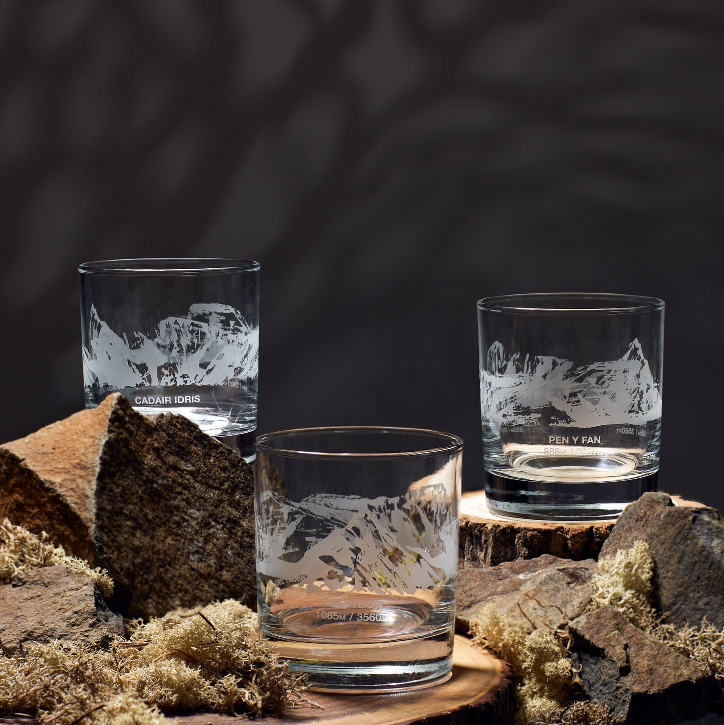 Three Welsh 3 Peaks whiskey glasses engraved with Snowdon, Cadair Idris and Pen Y Fan
