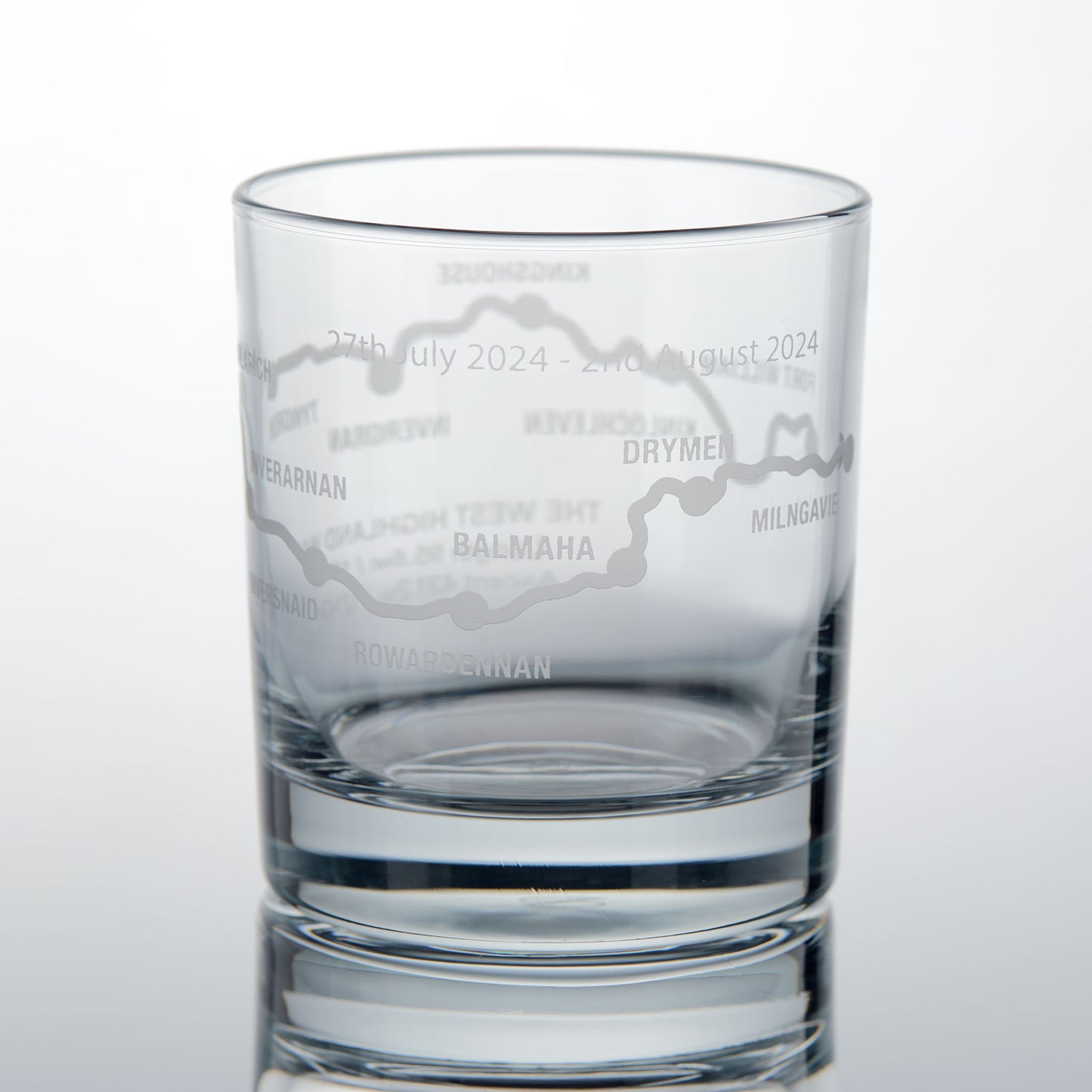 Whisky glass engraved with the West Highland Way route, Rowardennan, Balhama and Drymen