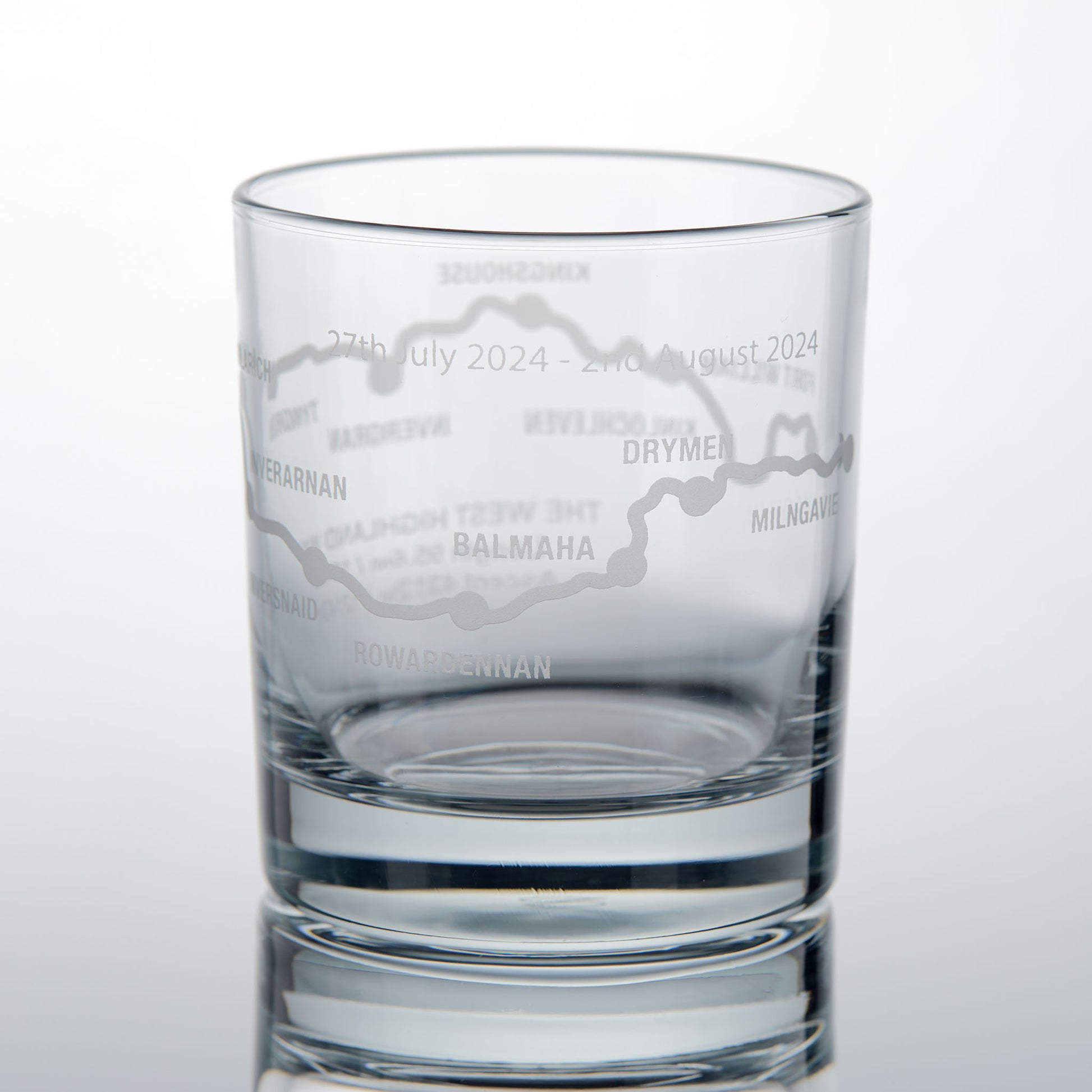 Whisky glass engraved with the West Highland Way route, Rowardennan, Balhama and Drymen