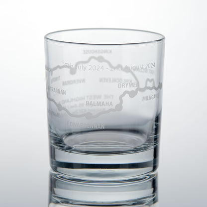 Whisky glass engraved with the West Highland Way route, Rowardennan, Balhama and Drymen