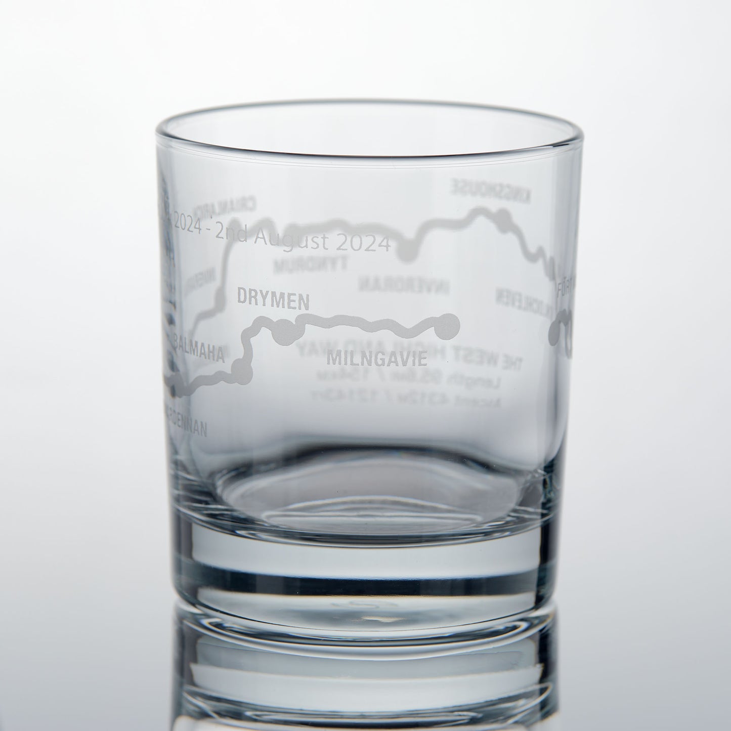 Whisky glass engraved with the West Highland Way route, Drymen & Milngavie
