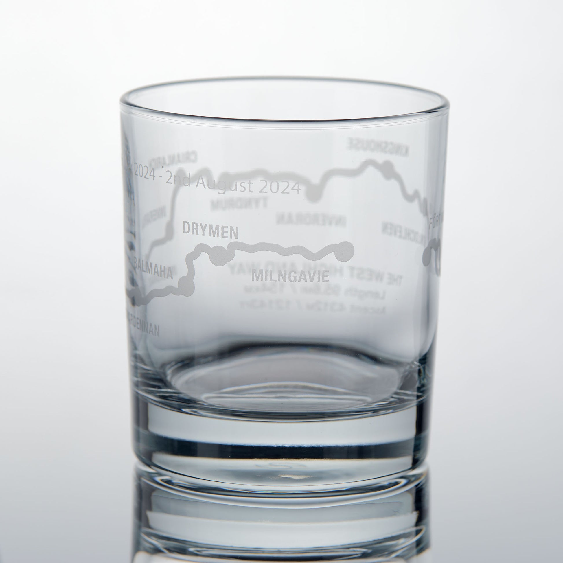 Whisky glass engraved with the West Highland Way route, Drymen & Milngavie