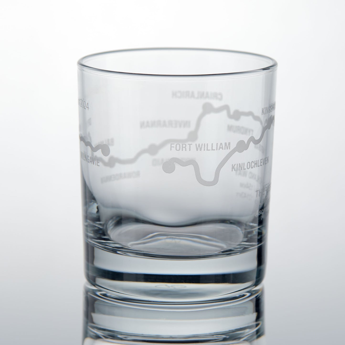 Whisky glass engraved with the West Highland Way route, Fort William & Kinlochleven