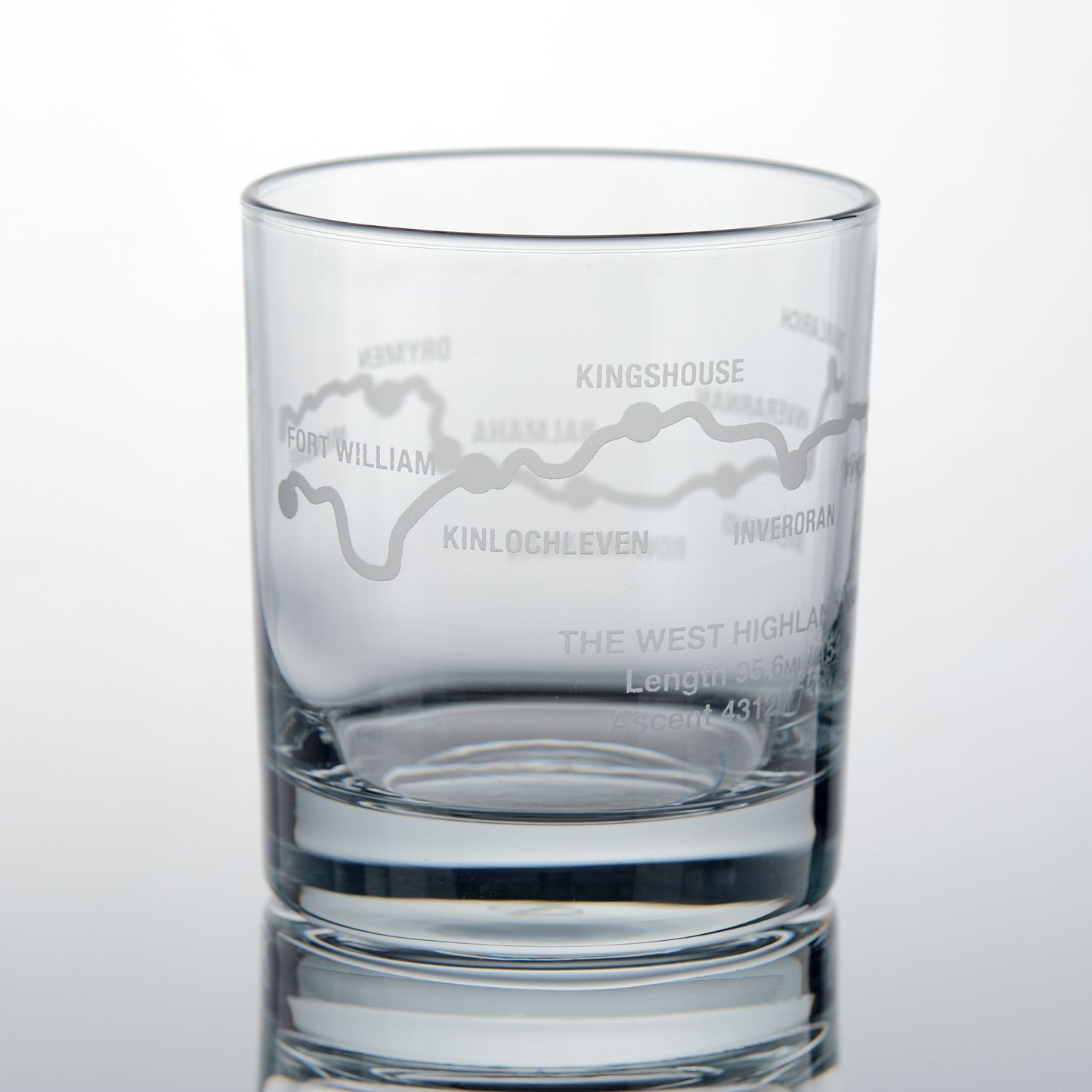 Whisky glass engraved with the West Highland Way route, Kinlochleven and Kingshouse
