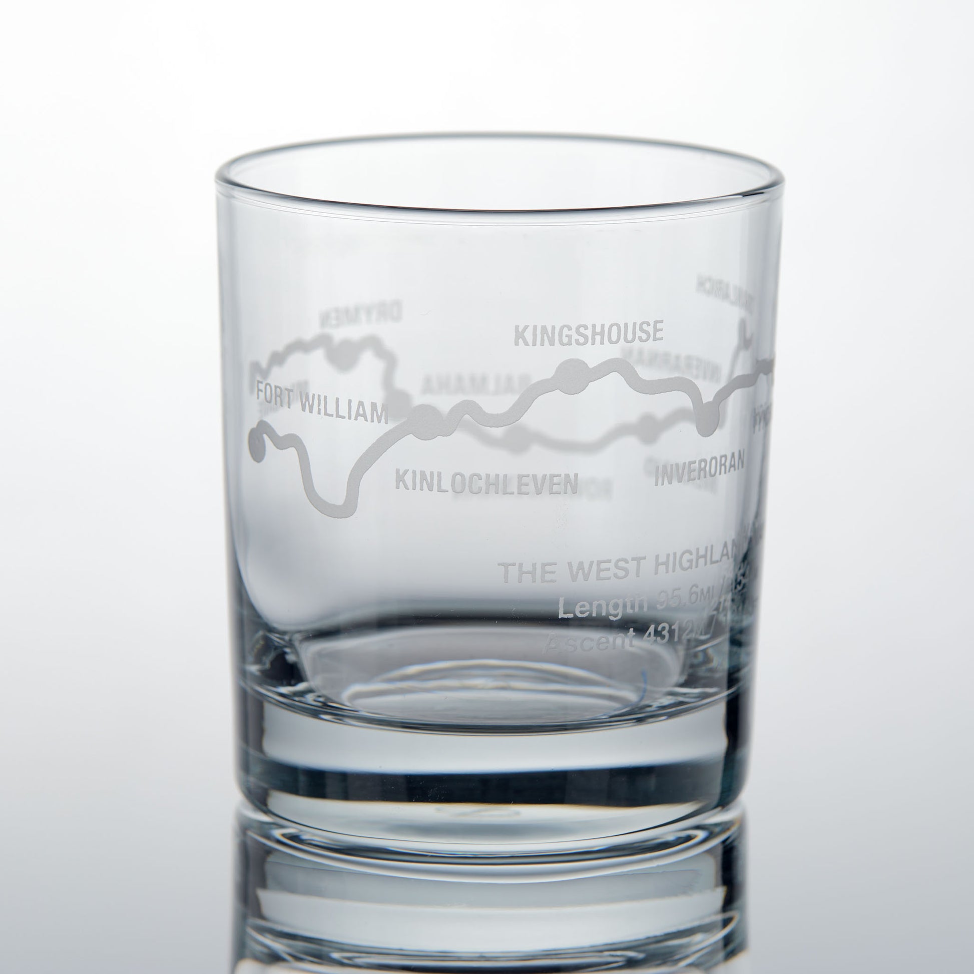 Whisky glass engraved with the West Highland Way route, Kinlochleven and Kingshouse