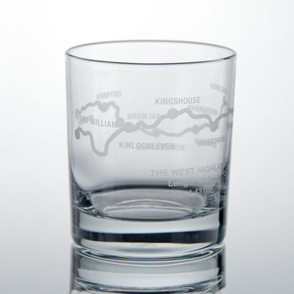 Whisky glass engraved with the West Highland Way route, Kinlochleven and Kingshouse