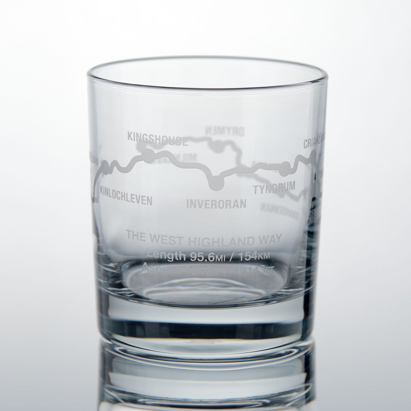 Whisky glass engraved with the West Highland Way route, Kingshouse, Inveroran and Tyndrum