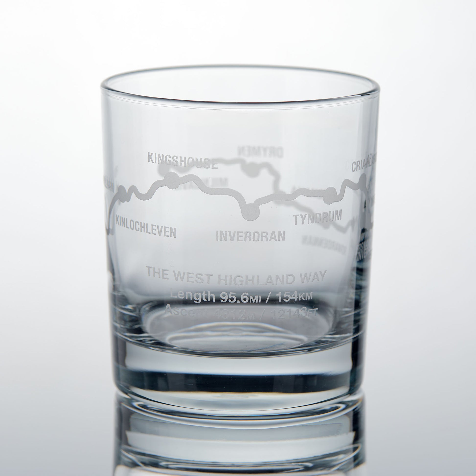 Whisky glass engraved with the West Highland Way route, Kingshouse, Inveroran and Tyndrum