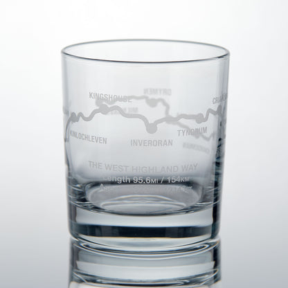 Whisky glass engraved with the West Highland Way route, Kingshouse, Inveroran and Tyndrum