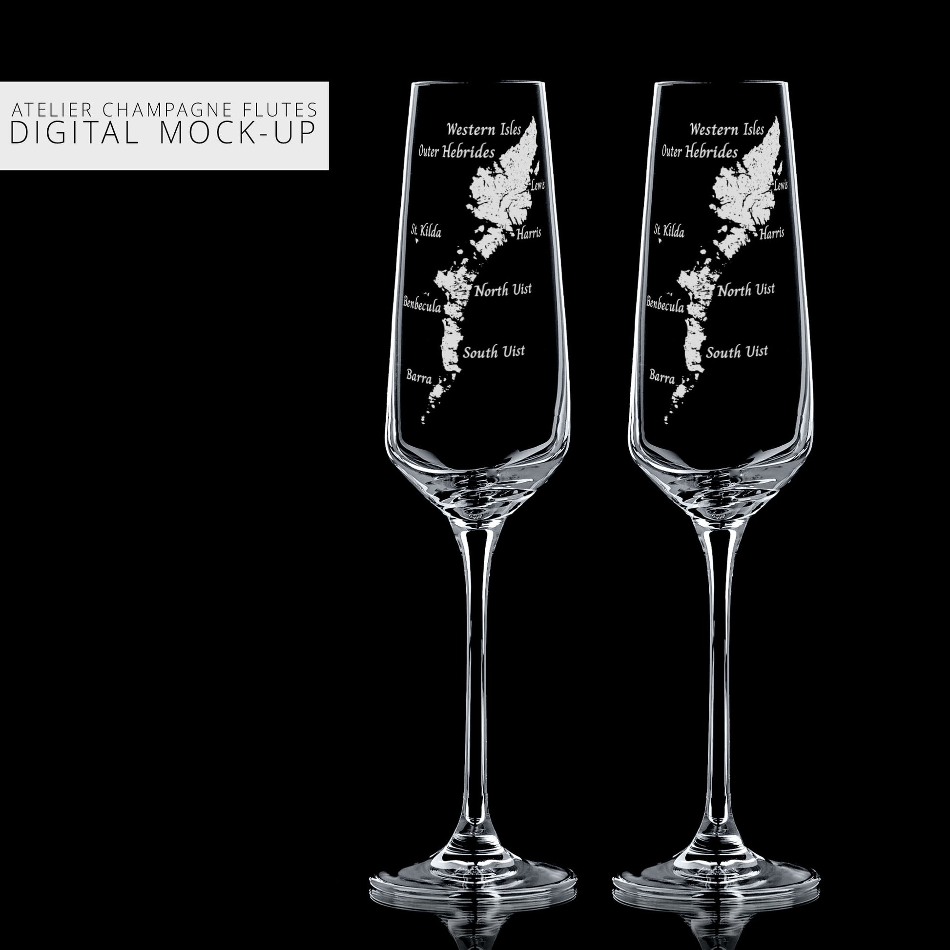 Champagne flutes engraved with the Outer Hebrides in Scotland