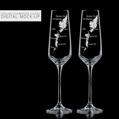 Champagne flutes engraved with the Outer Hebrides in Scotland