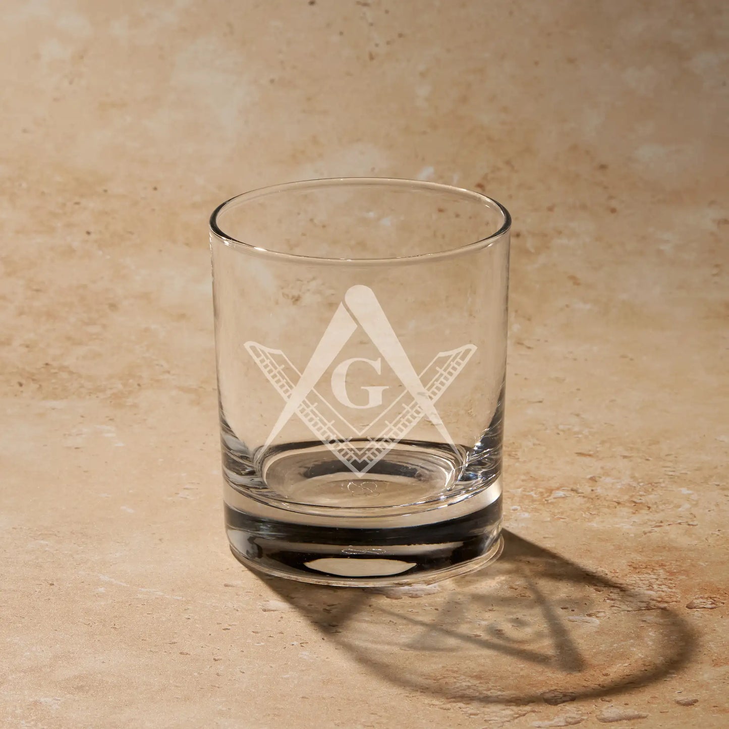 Master Mason 3rd Degree Square and Compass engraved on straight-sided whisky tumbler.