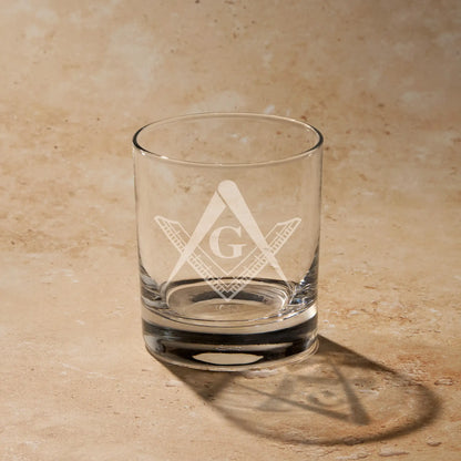 Master Mason 3rd Degree Square and Compass engraved on straight-sided whisky tumbler.